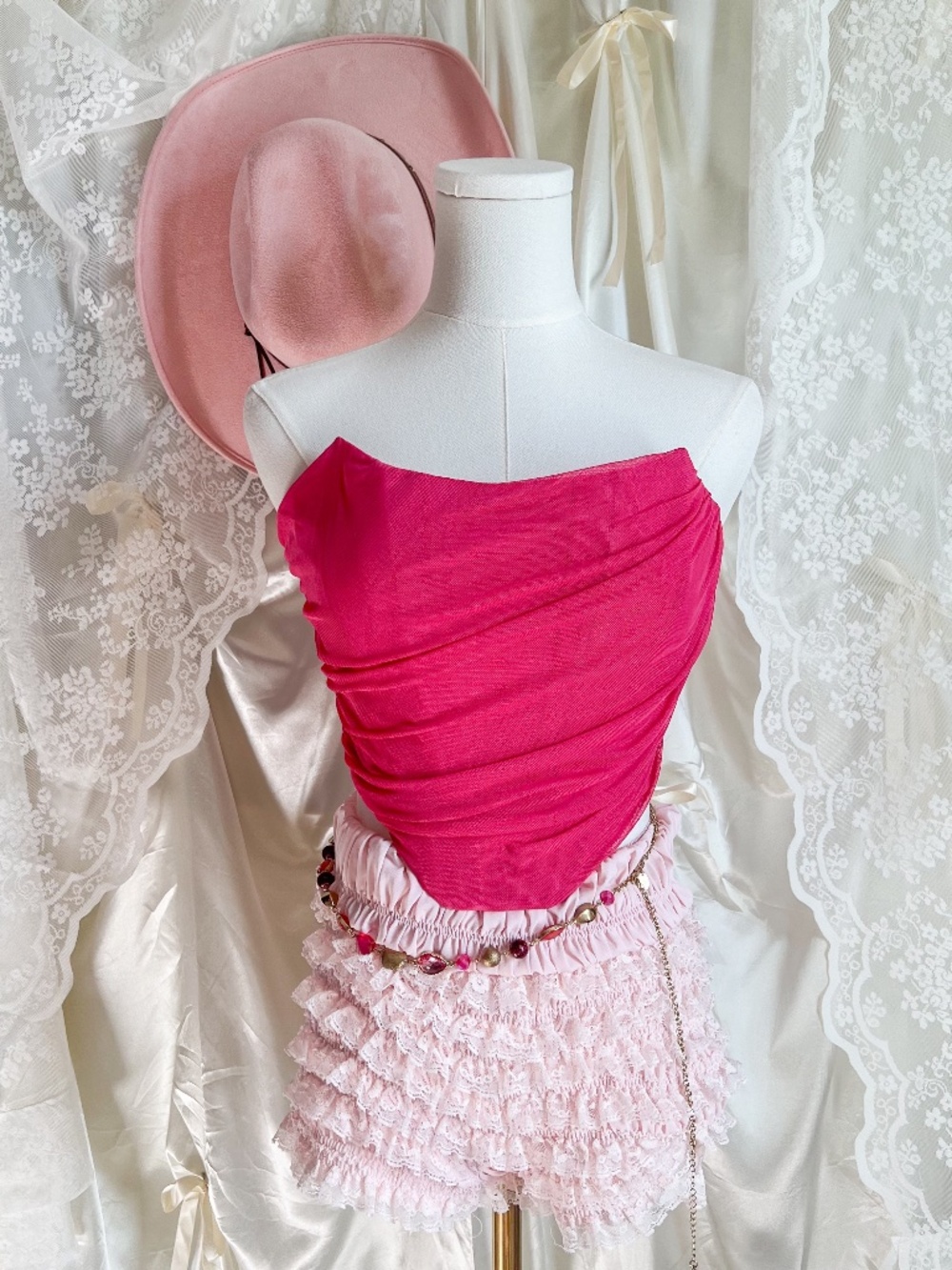 Hot Pink Ruched Strapless Corset Style Bustier Top Y2K Barbiecore